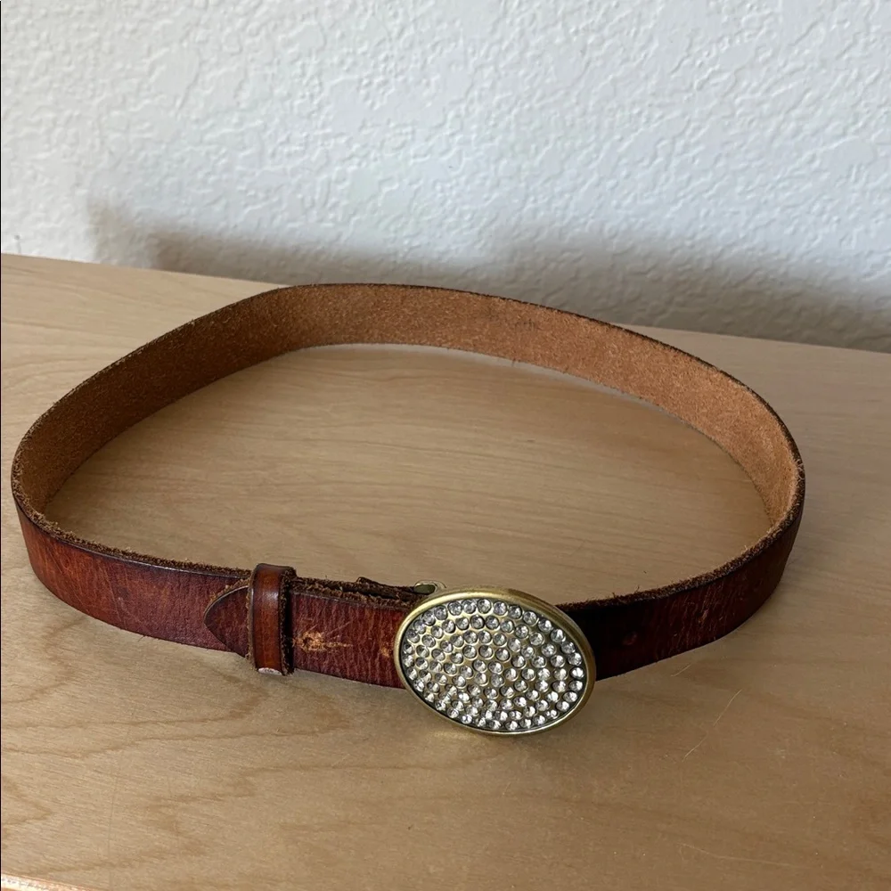 VINTAGE GAP Y2K Brown Leather Belt with Crystal Round Buckle